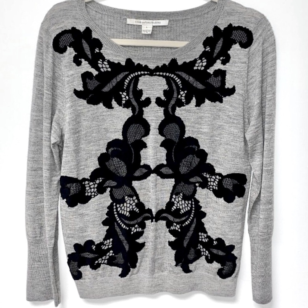 DIANE von FURSTENBERG Gray Wool w Black Appliqué Sz S